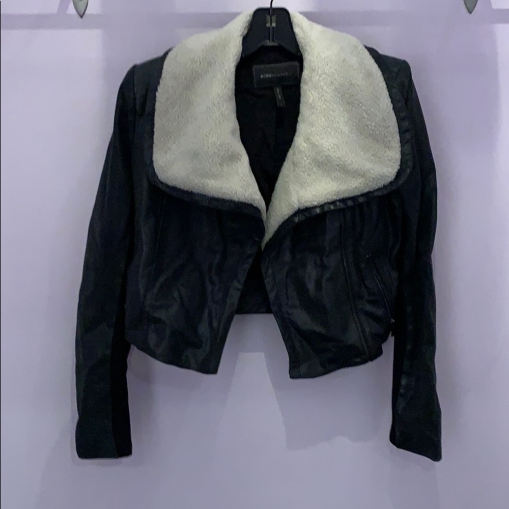 Leather jacket with oversized shearling lapel